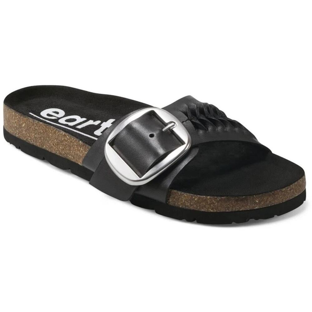NIB Earth Albina 8M Black Leather Big Buckle Comfort Footbed Slide Sandals